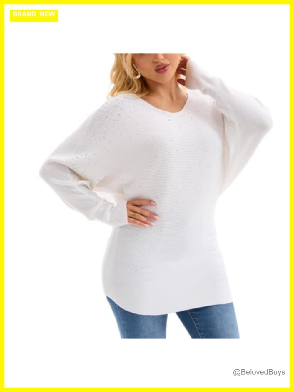 Rhinestone Batwing Sleeve Ribbed Knit Tunic Sweater Loose Fit